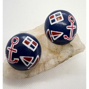 Vintage Hand-Painted‎ Wooden Earrings Nautical Anchor Sailboat Flag Dome Studs